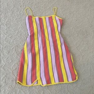 Hand-Knit Striped Spaghetti Strap Dress in Yellow, Lavender & Coral